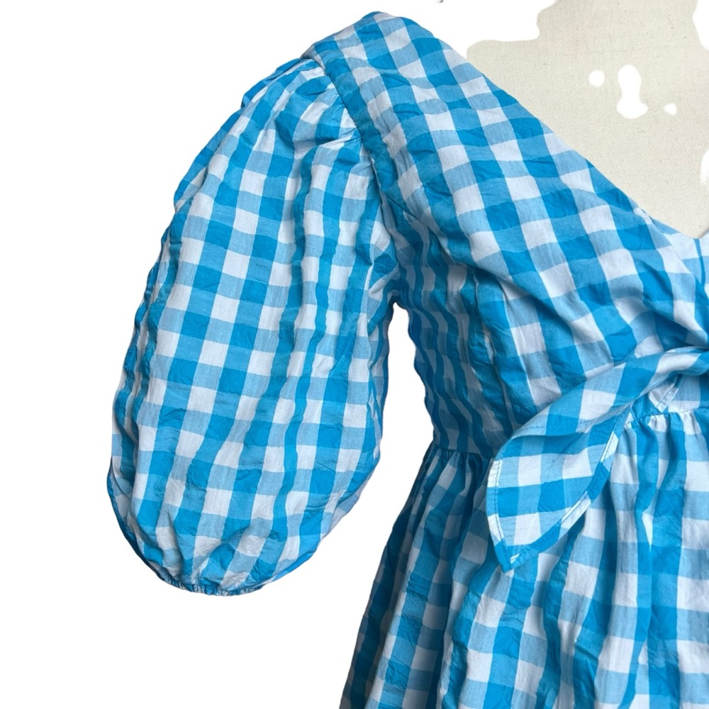 Lilly Pulitzer Sarafina Puff Sleeve Top Size 4 | Turquoise Oasis Crinkle Gingham - Picture 4 of 16